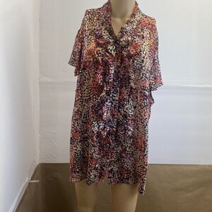 First Option Too Women Short Sleeve Button Up‎ Floral Blouse Multicolored Sz 3X